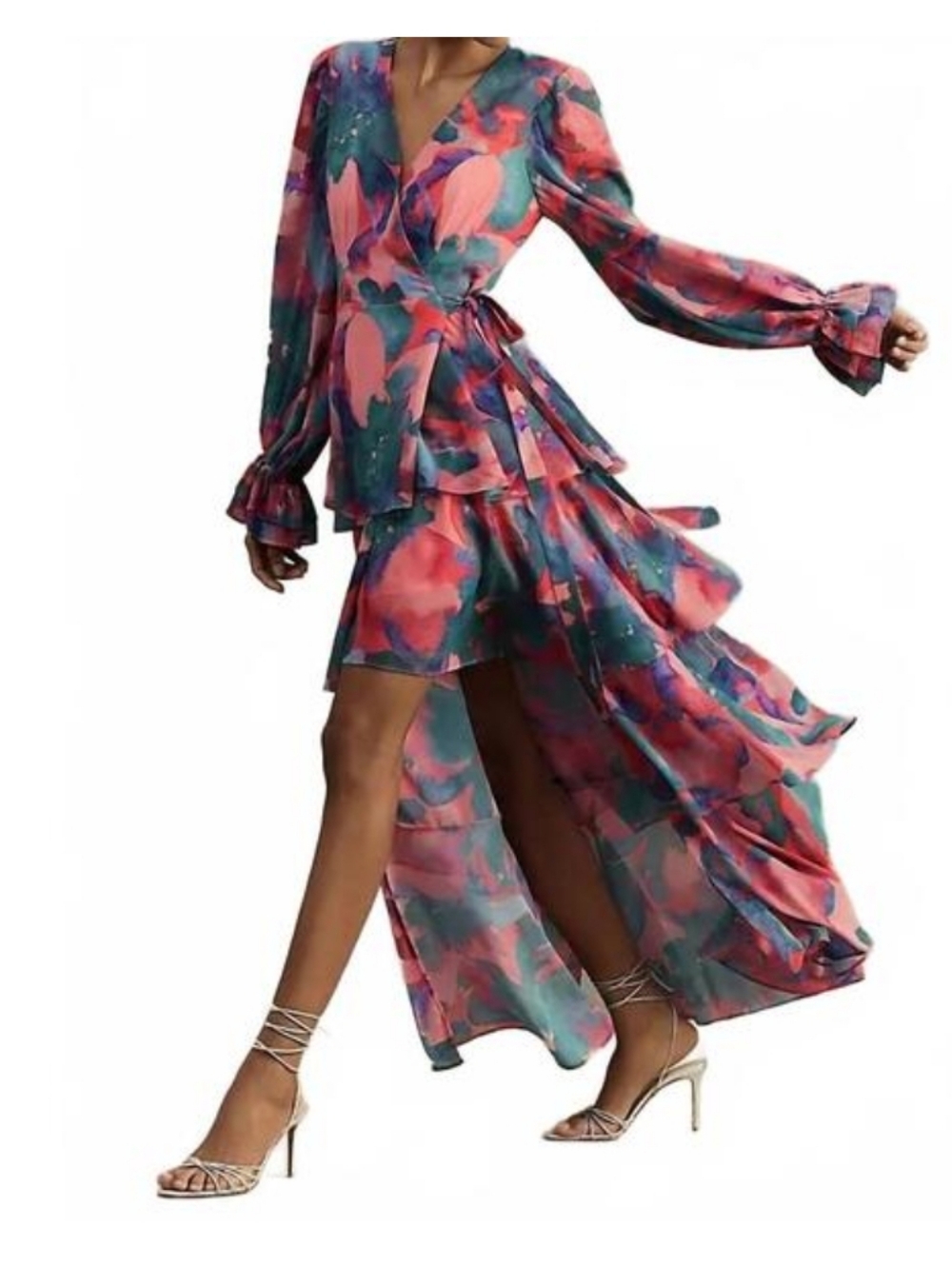 NWT Hutch Bardot Long-Sleeve Tiered Wrap Maxi Dress
